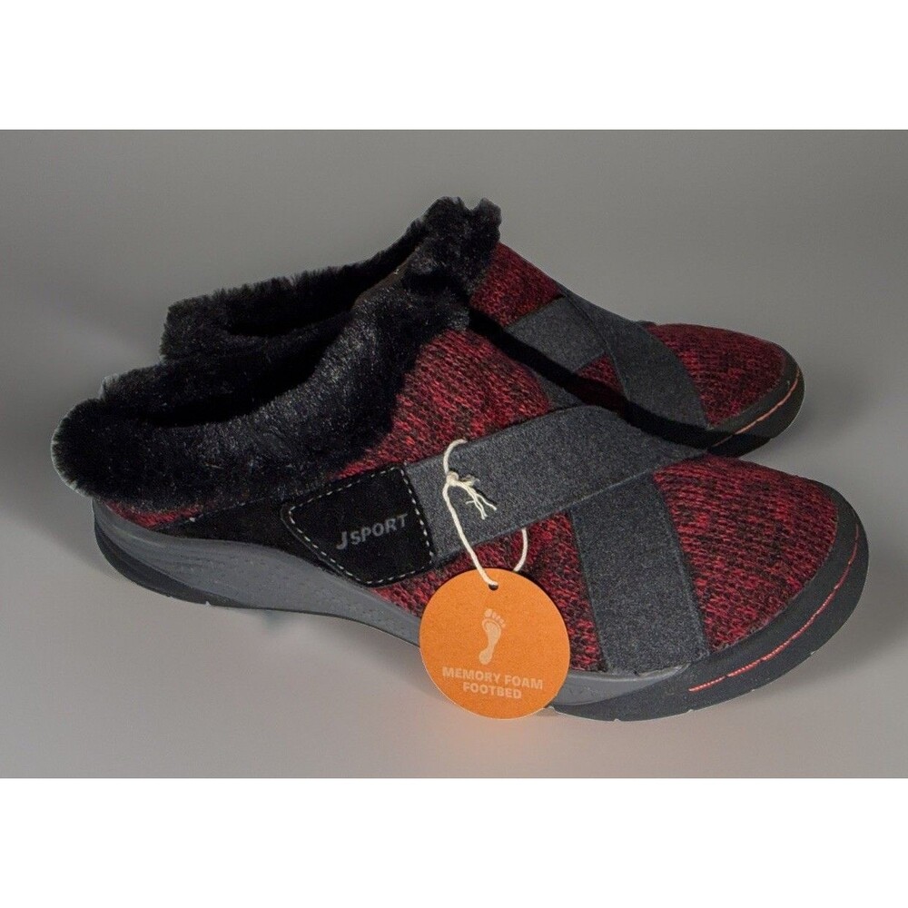 NIB Womens J Sport Jambu Graham Red Sweater Knit Faux Fur Mule Clog 7.5